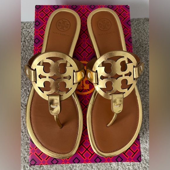 Tory Burch Shoes - Tory Burch Gold Tan Miller Mirror Metallic Sandals leather